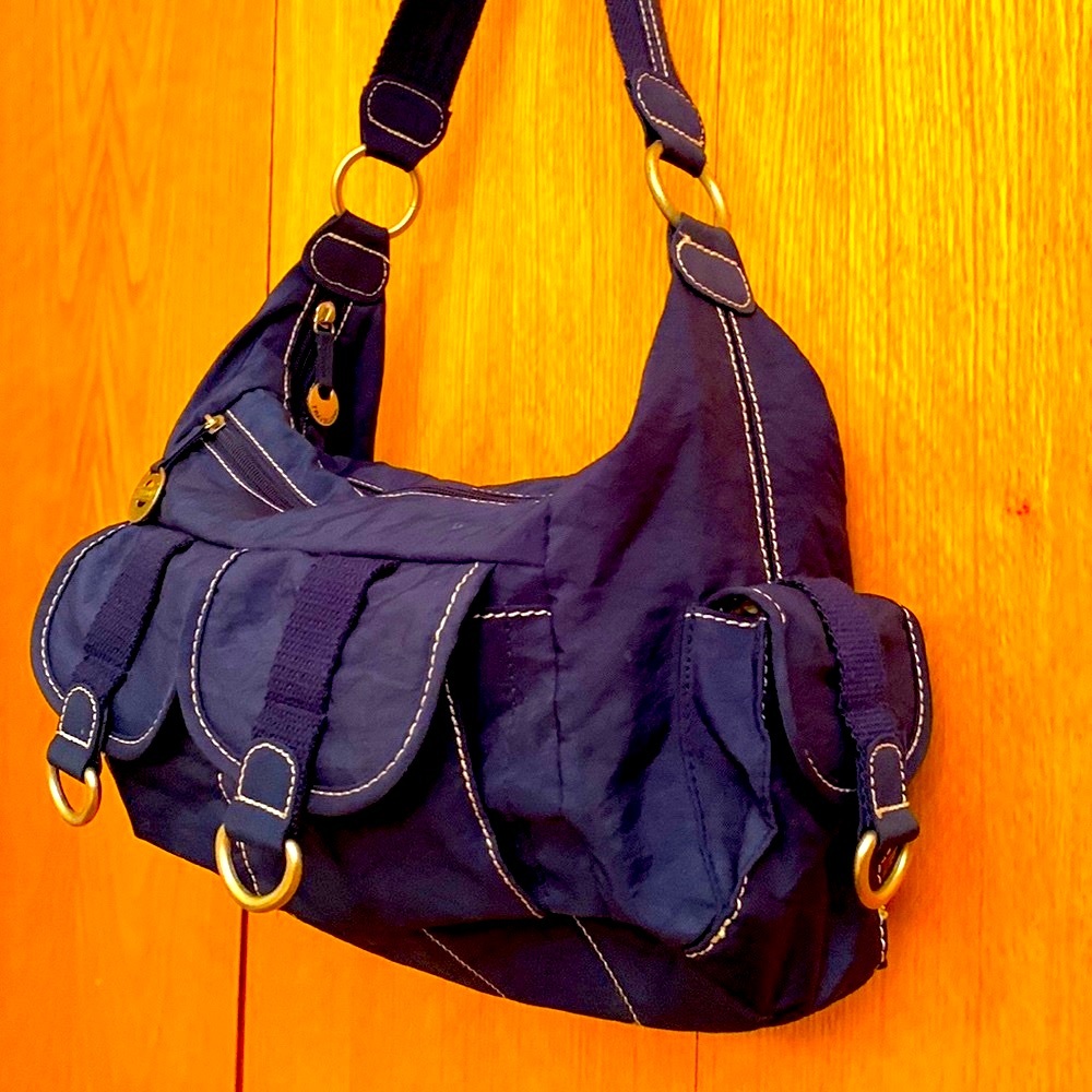 Travelon vegan navy blue nylon canvas zip shoulder bag purse striped lining EUC